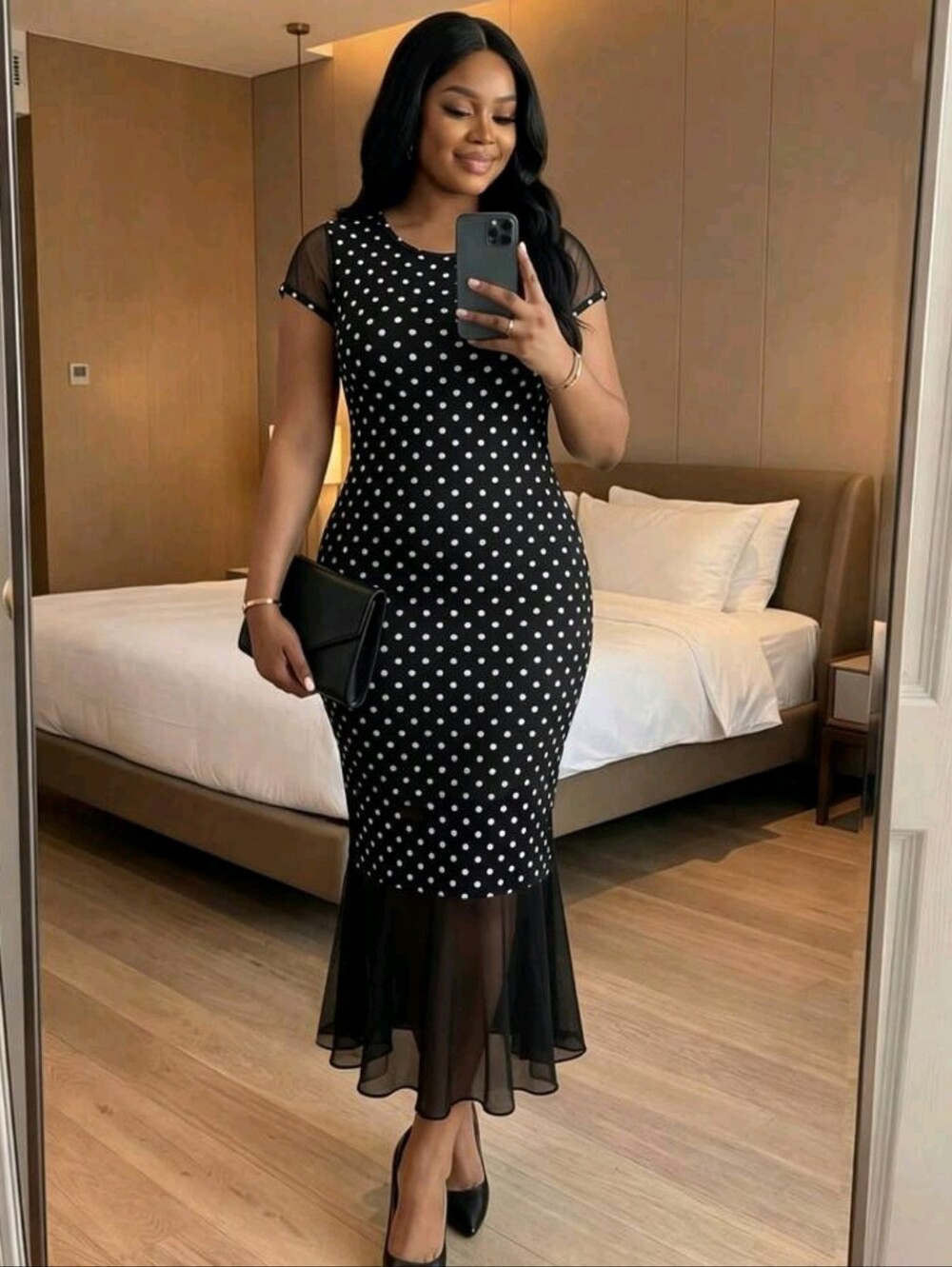 BRAND NEW ** Black Polka Dot Mesh-Hem Midi Dress